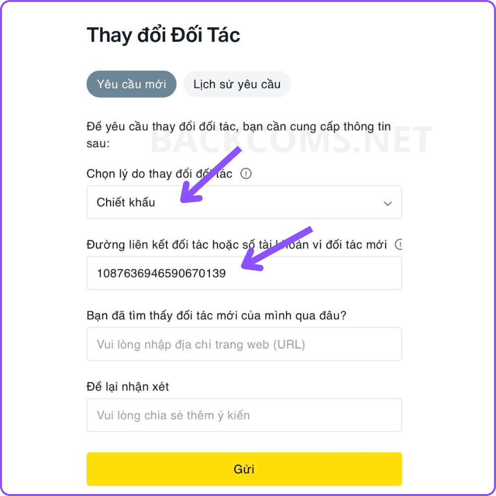 Nhập thông tin thay đổi đối tác